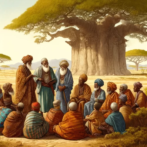 A detailed illustration featuring a group of African people, dressed in traditional ancient African attire, gathered under a large baobab tree.