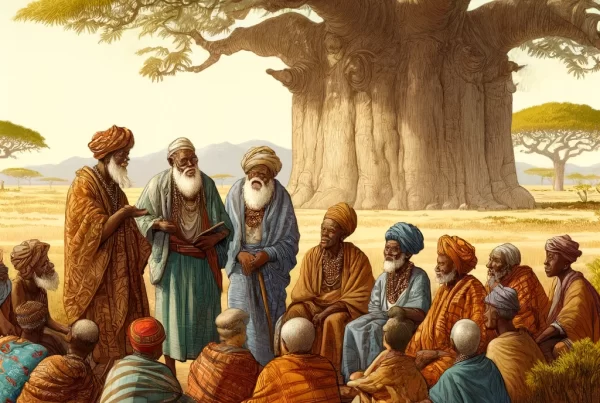 A detailed illustration featuring a group of African people, dressed in traditional ancient African attire, gathered under a large baobab tree.
