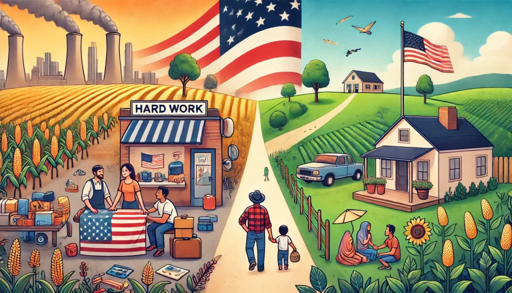 A split-screen landscape image showing two contrasting paths to the American Dream. The left side illustrates an immigrant’s journey to success with a small business, a family, and the American flag in the background, symbolizing hard work and traditional achievement. The right side depicts an alternative American lifestyle with a minimalist home nestled in nature, reflecting a peaceful, self-sustained life. The image conveys a sense of choice and contrast between these two different approaches to achieving personal success in America.