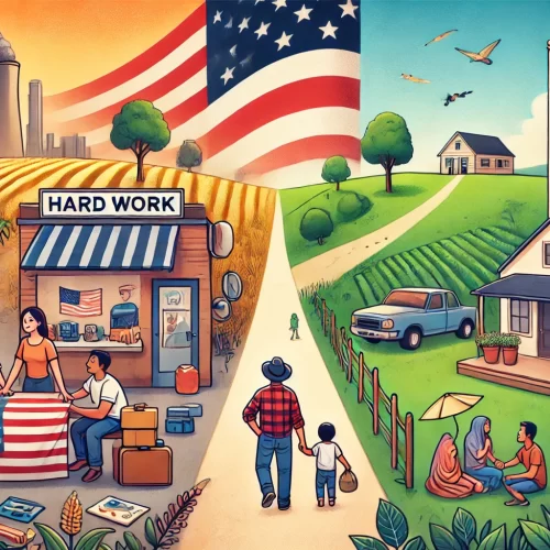 A split-screen landscape image showing two contrasting paths to the American Dream. The left side illustrates an immigrant’s journey to success with a small business, a family, and the American flag in the background, symbolizing hard work and traditional achievement. The right side depicts an alternative American lifestyle with a minimalist home nestled in nature, reflecting a peaceful, self-sustained life. The image conveys a sense of choice and contrast between these two different approaches to achieving personal success in America.