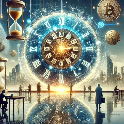 Ant Blair creates a Futuristic conceptual image depicting a world where time is the universal currency, featuring a large glowing clock at the center, surrounded by people exchanging glowing orbs representing hours and minutes in a marketplace, with a blend of cityscapes and natural environments in the background