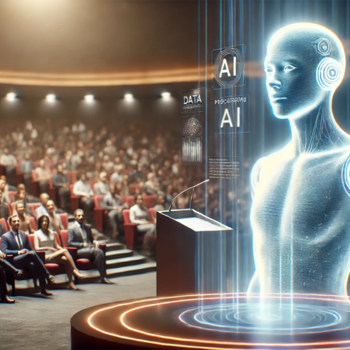 An AI hologram delivering a speech, capturing the inspiring moment of merging human skill with AI potential.