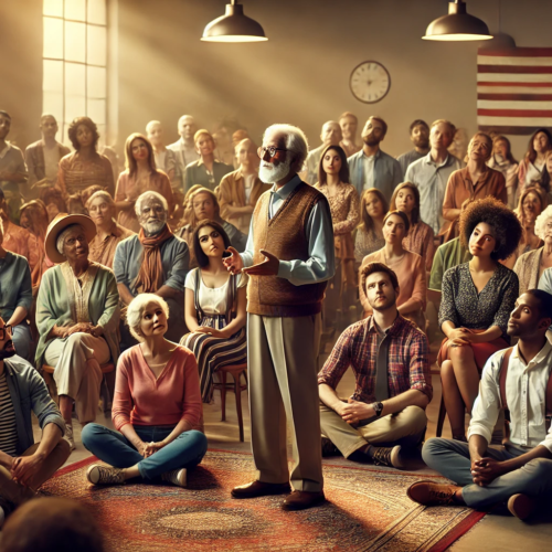 A diverse group gathered in a community center, featuring people of various ages, ethnicities, and backgrounds listening to a mentor or elder speaking about civic responsibility, community engagement, and unity. The setting is warm and welcoming, highlighting inclusivity, shared purpose, and inspiration for social change. Audience members show thoughtful expressions, symbolizing a commitment to making a difference in their community. The image captures themes of community involvement, social responsibility, and diverse leadership with warm, earthy tones.