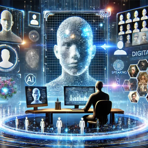 A high-tech scene featuring a human figure working at a computer with holographic screens displaying pixelated human faces and digital profiles, representing the development of a lifelike digital replica. The background is filled with blockchain-inspired visuals, glowing lines, and symbols of public speaking and business, framed by a futuristic digital universe.